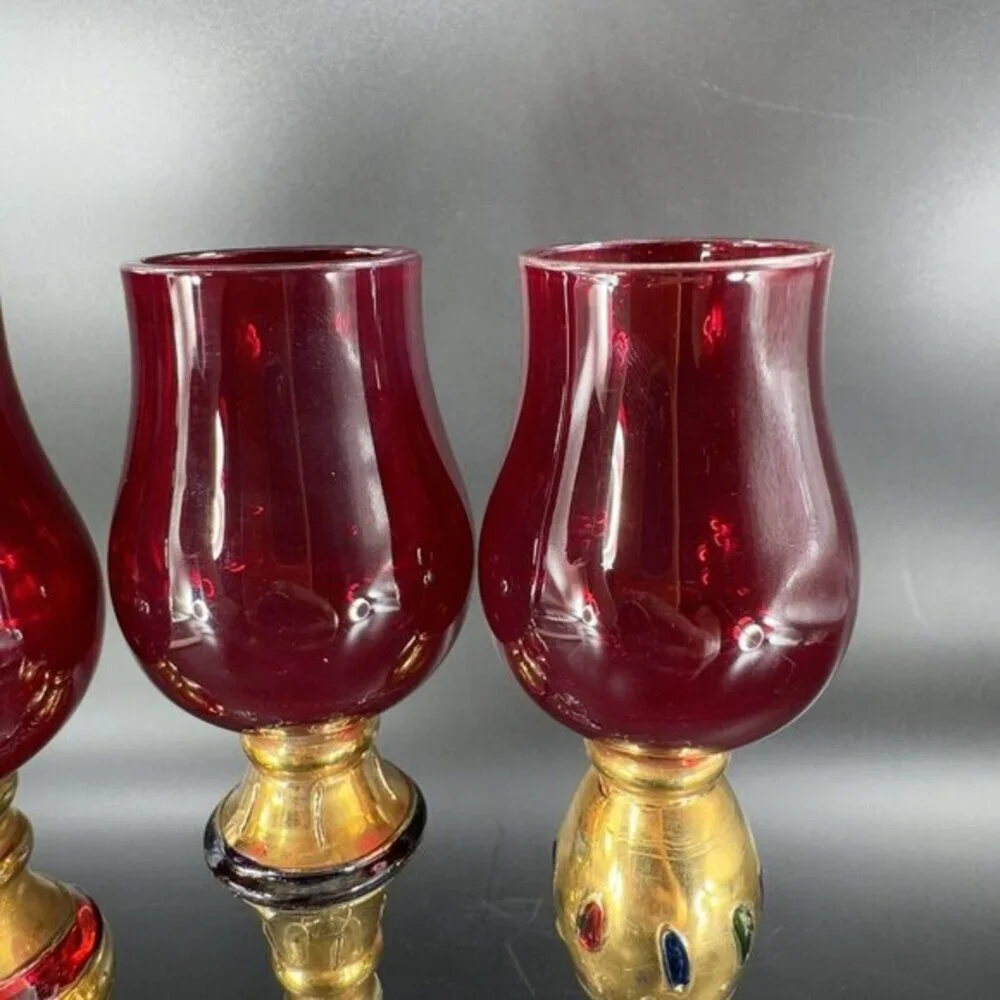 Bombay Company Romanov Ruby Gold Long Stem Cordial Glasses Cadmium UV Glow Set 3